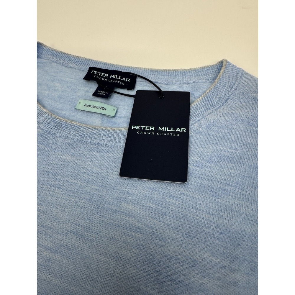 NWT PETER MILLAR Excursionist Flex Crew Neck Wool Sweater Lt Blue LARGE $325